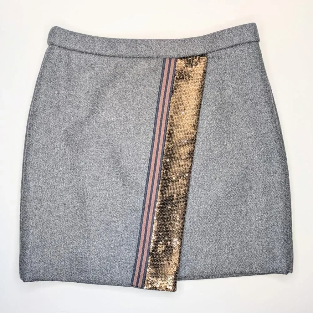 J. Crew gray wool blend faux wrap sequined mini skirt holiday back zip size 00